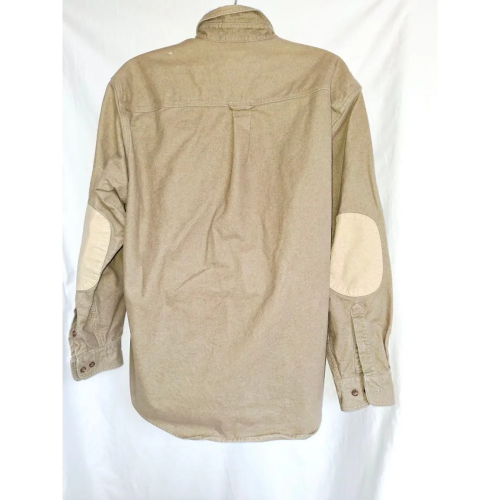 WOOLRICH Beige Casual Button Down Shirt XL 100% thick cotton elbow patches - Picture 3 of 7